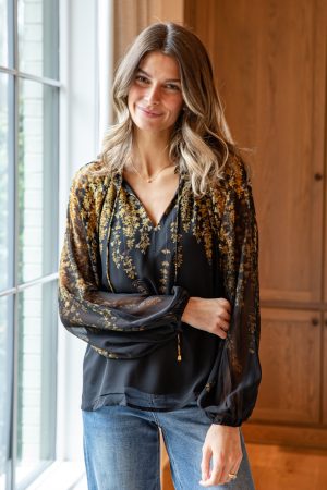 Golden Petal Evening Black Blouse