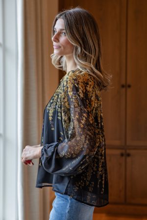 Golden Petal Evening Black Blouse