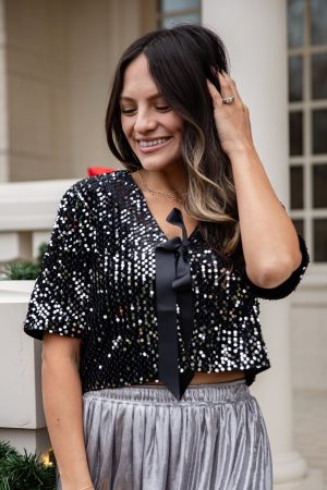 Black Ice Sparkle Sequin Tie Top