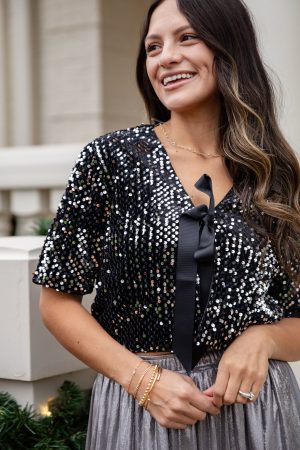 Black Ice Sparkle Sequin Tie Top