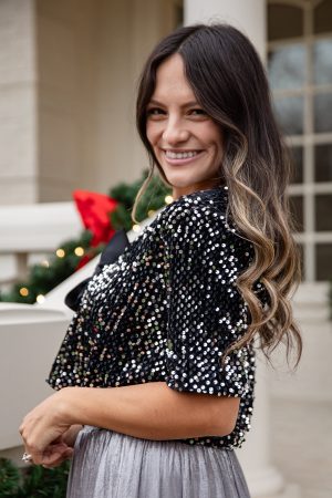 Black Ice Sparkle Sequin Tie Top