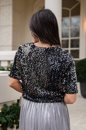 Black Ice Sparkle Sequin Tie Top